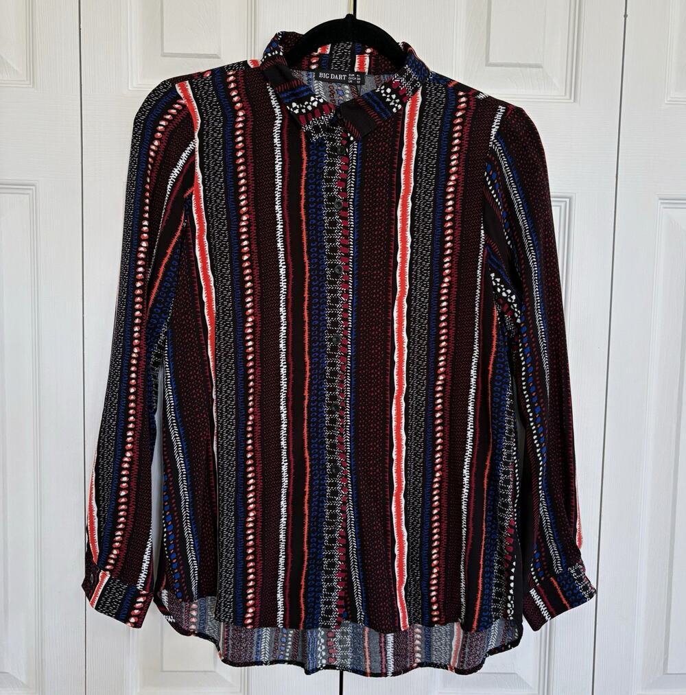 BIG DART Women’s 10/12 Abstract Geometric Print Button Up Blouse 90s Retro